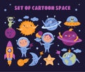 The set of cartoon space clipart. The astronauts and planets are a vector illustration. The cosmic elements are good for