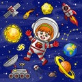 Set cartoon space elements and astronaut girl Royalty Free Stock Photo