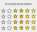 Set of cartoon stars animation frame, hand drawn sketch, doodle vector. yellow symbols drawn by brush, pen, ink, Isolated on white