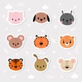 Set of cartoon stickers with animals for kids. Cute hand drawn characters. Sweet smiley faces Royalty Free Stock Photo