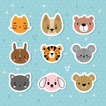 Set of cartoon stickers with animals for kids. Sweet smiley faces. Cute hand drawn characters on blue background Royalty Free Stock Photo