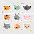 Set of cartoon stickers with animals for kids. Sweet smiley faces. Cute hand drawn characters with design elements Royalty Free Stock Photo