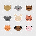 Set of cartoon stickers with animals for kids. Sweet smiley faces. Cute hand drawn characters Royalty Free Stock Photo