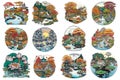 Set of cartoon stickers with illustrations of oriental Japanese autumn garden with a pond