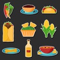 Set of cartoon stickers with mexican food