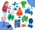 Set of cartoon style icons. Character and objects, movie set in film studio. Cute girl artist sculpting, monster mask