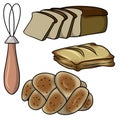 A set of cartoon-style images with objects for making buns, puff pastry pies, sliced bread and a soft bun
