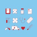 Set of 12 cartoon-style medical icons colored on blue background