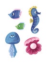 Set of cartoon style sea creatures. Cute 3D ocean animals with textures. Illustrations for design. Isolated icons on white backgro Royalty Free Stock Photo