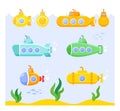 Set of Cartoon Submarines on Underwater Seascape Background with Weeds and Fish. Colorful Cute Water Transportation Royalty Free Stock Photo