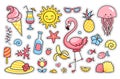 Set of cartoon summer stickers, patches, badges, pins, prints for kids. Doodle style. Royalty Free Stock Photo