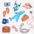 Set of cartoon summer travel icons vector graphic illustration Royalty Free Stock Photo