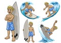 Set of cartoon surfer white boy Royalty Free Stock Photo