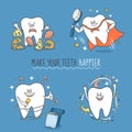 Set of cartoon teeth with different objects that depict cleaning teeth. The tooth with debris, floss, toothbrush, arrows.