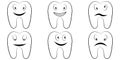 Set of cartoon teeth, the molars with the emotions on the face, tooth vector comic smile, anger and fun, dental office