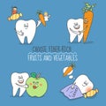 Set of cartoon teeth. Tooth with carrot, apple and candy. Choose fiber-rich fruits and vegetables Royalty Free Stock Photo