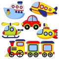 Set of cartoon transport icon. Car, submarine, ship, plane, train, helicopter