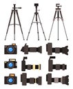 Set of cartoon vector icons, photocamera, digital camera, reflex camera, tripod at white background