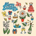 Set of cartoon vector retro birthday elements Royalty Free Stock Photo