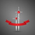 Set of cartoon vector weapon with red ribbon, swords with dice hilt RPG games