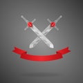 Set of cartoon vector weapon with red ribbon, swords with dice hilt RPG games