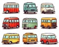 set of cartoon vintage retro cars isolated on white trucks buses.