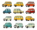 set of cartoon vintage retro cars isolated on white trucks buses.