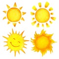 Set of cartoon watercolor sun. Children`s illustration of a hand-drawn sun. Royalty Free Stock Photo