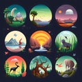 Set of cartoon wild animals and nature elements. Vector illustration in flat style Royalty Free Stock Photo