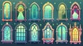 Set of cartoon windows with stone frames, windowsills, and curtains, retro style arched and rectangular palace or castle Royalty Free Stock Photo