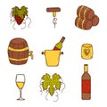 Set of cartoon wine icons in hand drawn style