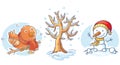 Set of cartoon winter elements - tree, bird and snowman