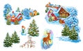 Set cartoon winter landscape the house and trees for fairy tale Snow Queen written by Hans Christian Andersen Royalty Free Stock Photo