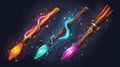 Set of cartoon witch broomsticks isolated on light background. Modern illustration of magic flight transport with wood Royalty Free Stock Photo