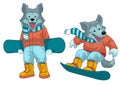 Set of cartoon wolf playing snowboard