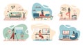 Set of cartoon women spending time at home in isolation Royalty Free Stock Photo