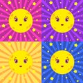 Set of cartoon yellow moons smiling on a colored striped background with stars