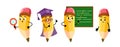 Set of cartoon yellow pencils with eraser. Childish school pencils wearing graduation cap