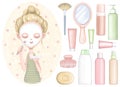 Set of girl with mask on face and different bottles for body care cosmetics Royalty Free Stock Photo