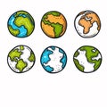 Set cartoonstyle Earth globes showing different continents oceans. Colorful planet Earth Royalty Free Stock Photo