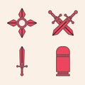 Set Cartridges, Japanese ninja shuriken, Crossed medieval sword and Medieval sword icon. Vector