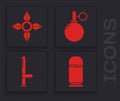 Set Cartridges, Japanese ninja shuriken, Hand grenade and Police rubber baton icon. Vector.