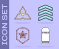 Set Cartridges, Japanese ninja shuriken, Police badge and Military rank icon. Vector