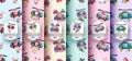 Set cartton character cute animal fish - seamless pattern