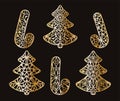 A set of carved openwork stylized Christmas trees and Christmas sweets for decoration, paper cutting or on a plotter Royalty Free Stock Photo