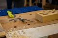 Set of carving tools, carpenter equipment on table in workshop