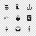Set Case or box for fishing, Served on plate, Fishing lure, bucket with, hook, net, boots and harpoon icon. Vector