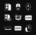 Set Case of computer, Computer mouse, Laptop, Hard disk drive HDD, and Web camera icon. Vector Royalty Free Stock Photo