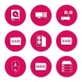 Set Case of computer, Hard disk drive HDD, Server, Data, Web Hosting, SSD card, Computer mouse, Router and wi-fi signal Royalty Free Stock Photo