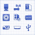 Set Case of computer, Laptop, USB, Hard disk drive HDD, Video graphic card, Computer cooler, and Optical disc icon Royalty Free Stock Photo